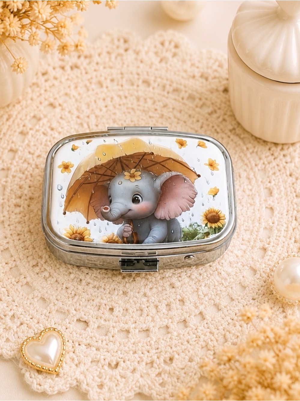 Baby Elephant Compact Mirror Pill Box/Travel Jewelry Box For Your Purse